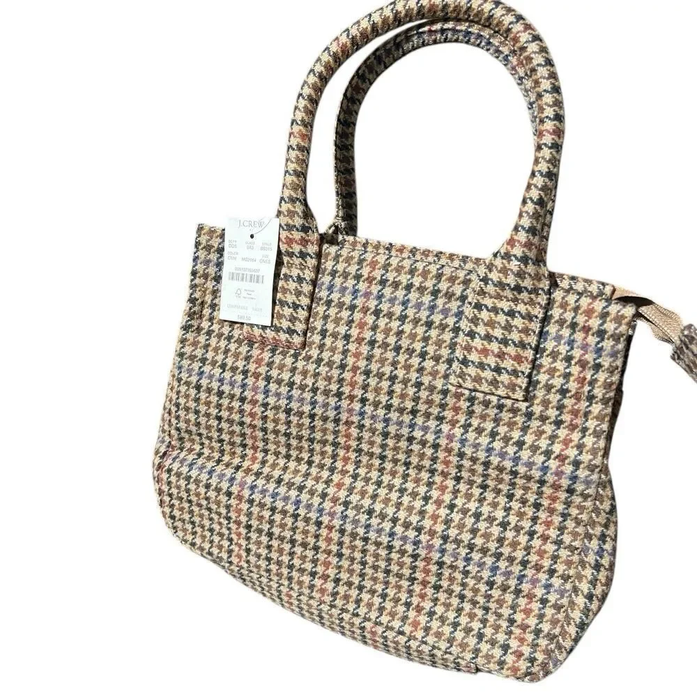 J Crew Handbag Tan Wool Blend Houndstooth Structured‎ Top Handle Purse Red